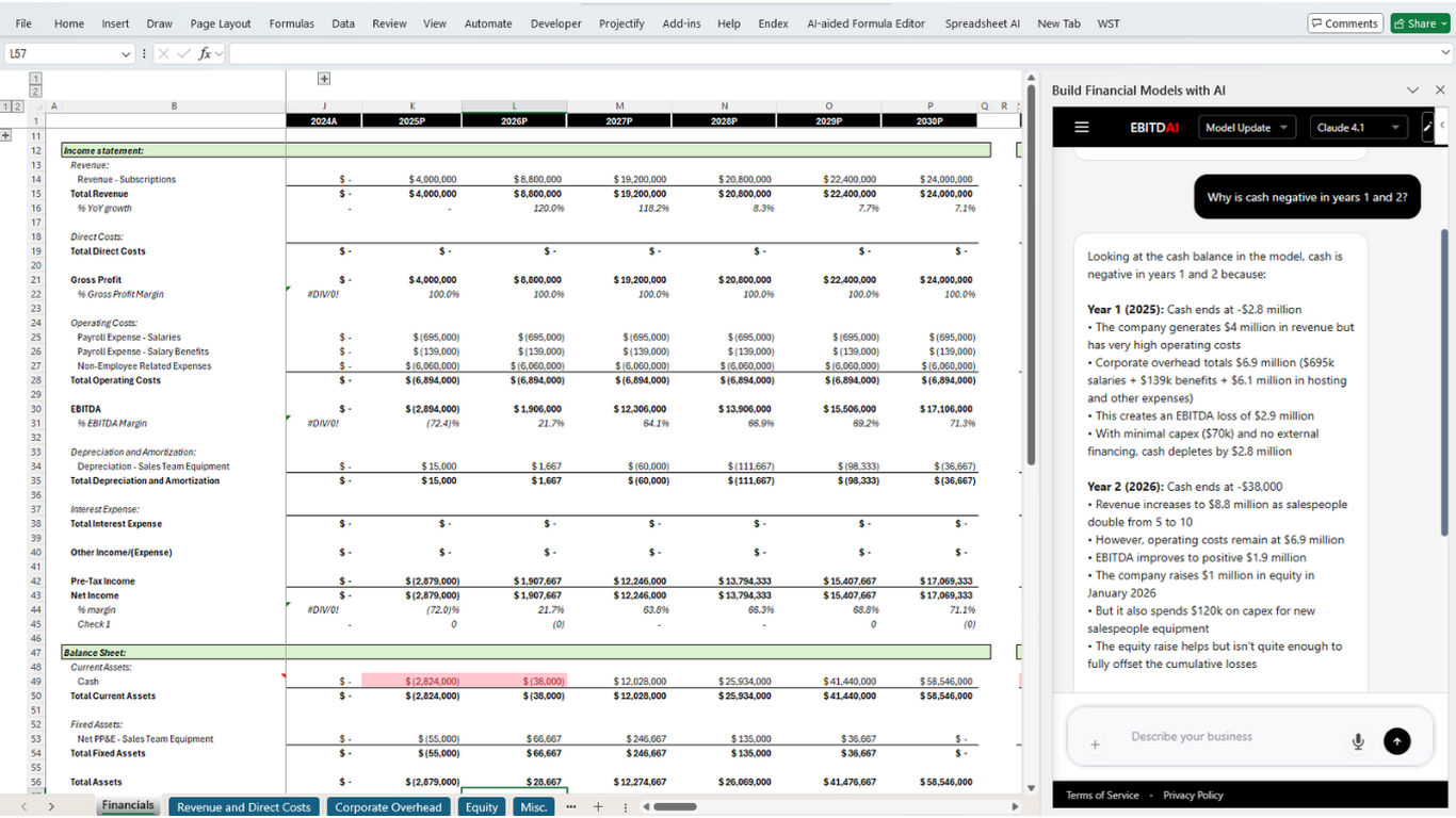 The EBITDAI pane beside a financial model in Excel
